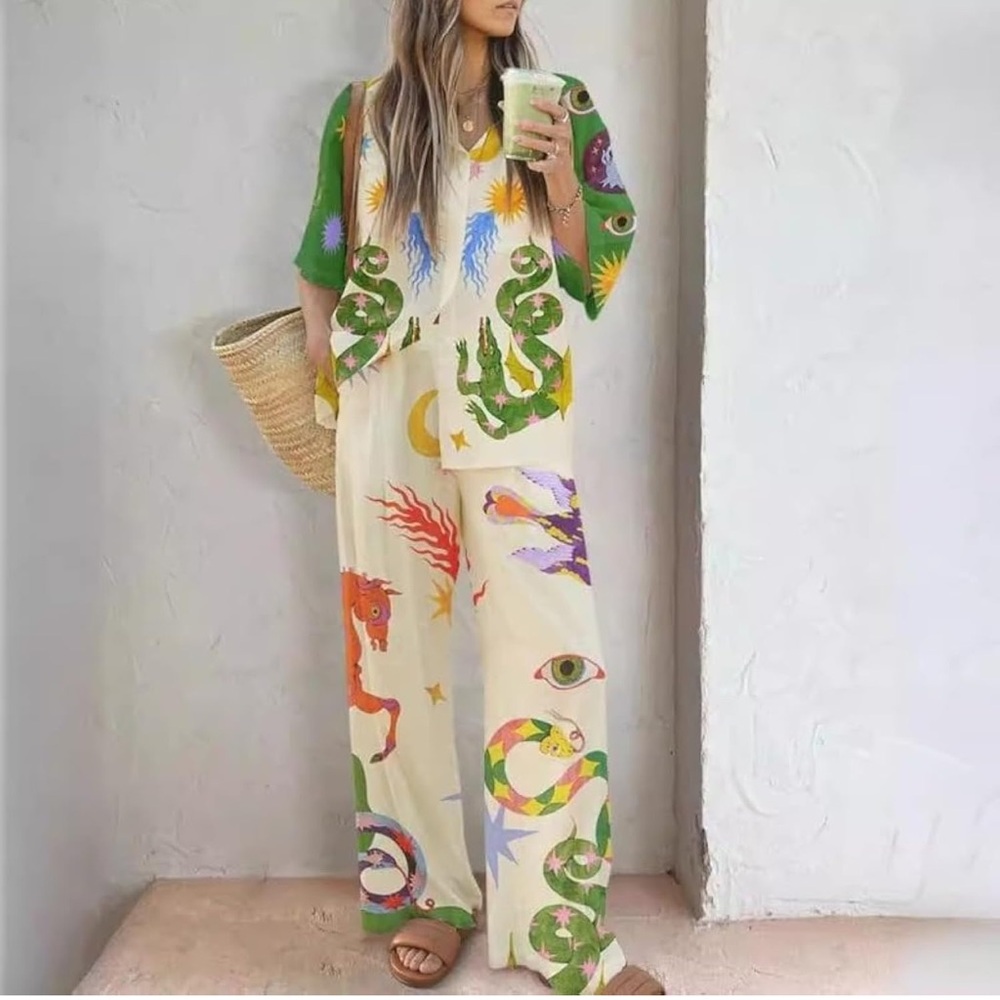 Amazon Cream Wide-Leg Jumpsuit with Multicolor Celestial & Serpent Print